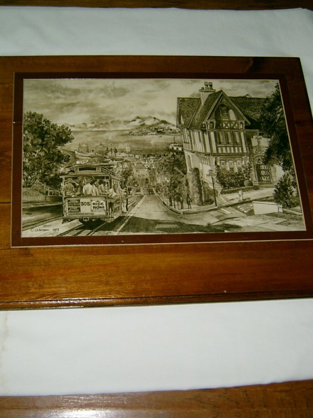 Vintage J.A. Kendall San Francisco Cable Car Drawing, 1973